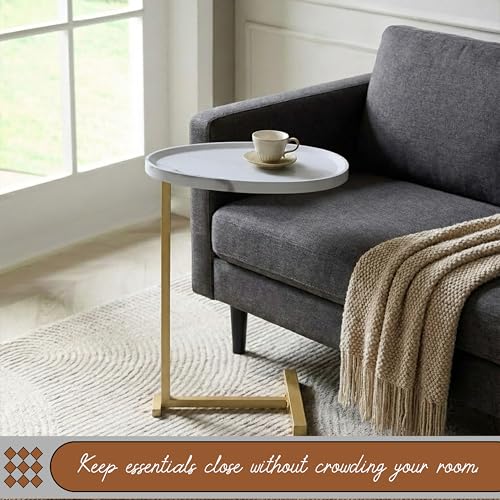Kings Brand C-Shaped Side End Table, Sofa Snack Table, Gold & White | Convenient C-Shaped Table – Slides Under Sofas, Chairs, Beds to Keep Coffee, Snacks, Laptops, Books, & Essentials w/in Reach - color: White
