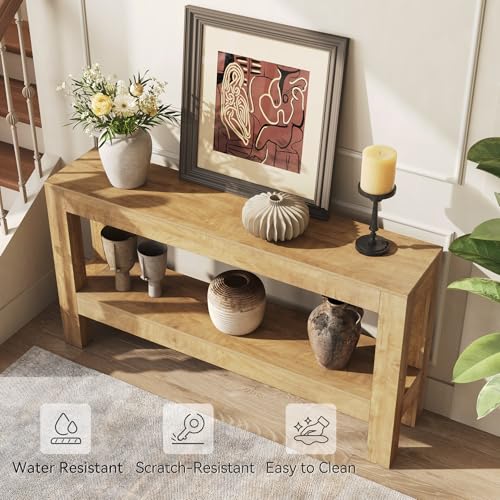LITTLE TREE 63-Inch Long Console Table for Living Room, Farmhouse Wood Entryway Table for Sofa, Entry, Hallway, Entrance, Foyer, Behind Couch with 2-Tier Narrow Shelf, Oak - color: Oak