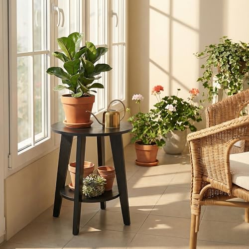 Small Round Side Table-17.7" Cute End Table with 2-Tier Storage | Waterproof Low Nightstand for Kids Room, Nursery, Small Spaces, Plant Stand & Bean Bag (Black) - color: Charcoal Black