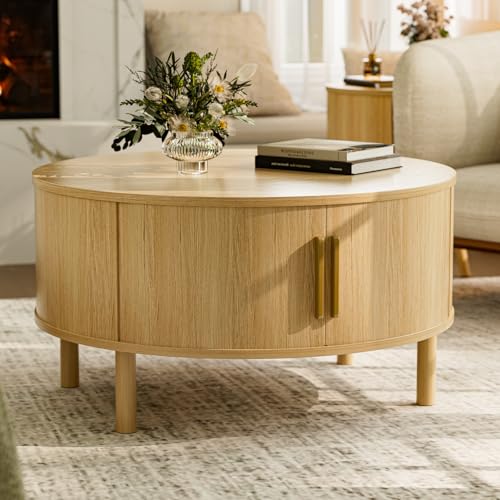 ZttRiee Round Coffee Table with Sliding Doors, Modern, Natural | Ø30.0"D x 16.3"H, 200 lbs capacity, dual sliding-door storage, ~45 min assembly. - color: Oak_lsj031-n