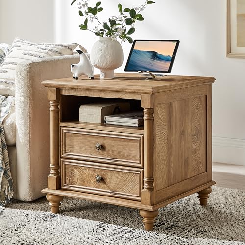 T4TREAM 24" Farmhouse Nightstands with 2 Drawers, Light Tree Knot | 4 Solid Wood Feet, Charging Station, Tall Rustic Wood Square, Sofa Side Table, Living Room, Bedroom - color: Light Tree Knot
