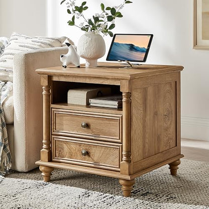 T4TREAM 24" Farmhouse Nightstands with 2 Drawers, Light Tree Knot | 4 Solid Wood Feet, Charging Station, Tall Rustic Wood Square, Sofa Side Table, Living Room, Bedroom - color: Light Tree Knot
