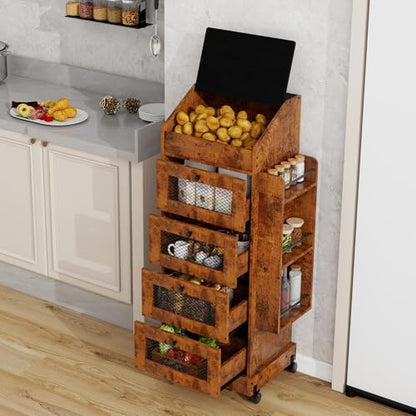 ARTETHYS Potato Storage Bin 5-Tier Rolling Bread Box Cabinet with Side Rack | Onion Keeper with Spice Rack on Wheels, Movable Fruit & Vegetable Container with 4 Ventilated Drawers for Kitchen, Rustic - color: Rustic