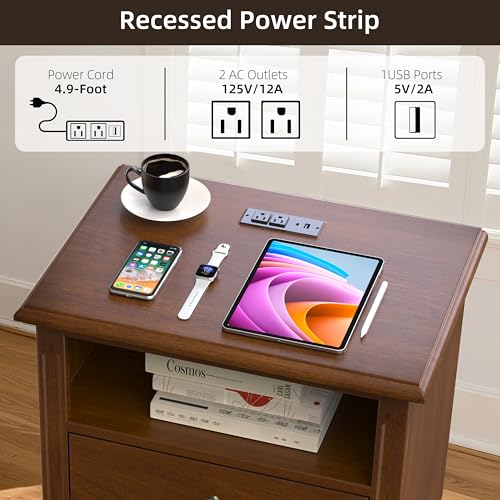 Farmhouse Nightstand with Charging Station, Solid Wood End Table with 2 Large Drawers & Open Shelf, Bedside Table with USB Ports and Outlets, Rustic Wood for Bedroom - color: Walnut