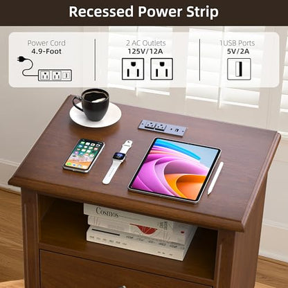 Farmhouse Nightstand with Charging Station, Solid Wood End Table with 2 Large Drawers & Open Shelf, Bedside Table with USB Ports and Outlets, Rustic Wood for Bedroom - color: Walnut
