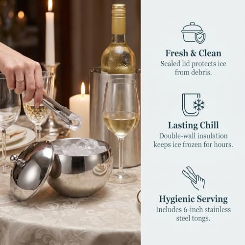 NUOBESTY Double Walled Ice Bucket with Lid and Tongs Stainless Steel Insulated Beverage Bucket for Wine Beer Juice Bar Parties Home Entertaining Spherical Shape 7.67 X 6.57 X 6.57 in