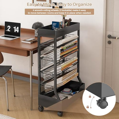 UMDONX Modern Mobile Single-Sided Metal Book Cart | Features A Metal Top Panel, A Base, and Clip-in Shelves; Suitable for Home, Office, and Classroom - color: Black
