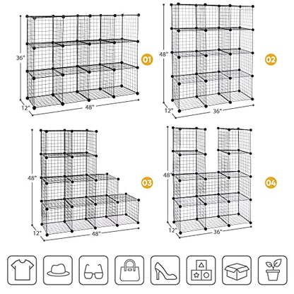 SUPER DEAL Metal Wire Cube Storage Organizer, 12 Cubes DIY Modular Cabinet Bookcase Bookshelf Shoe Rack Stackable Wire Cube Closet for Home, Office, Living Room, Bedroom