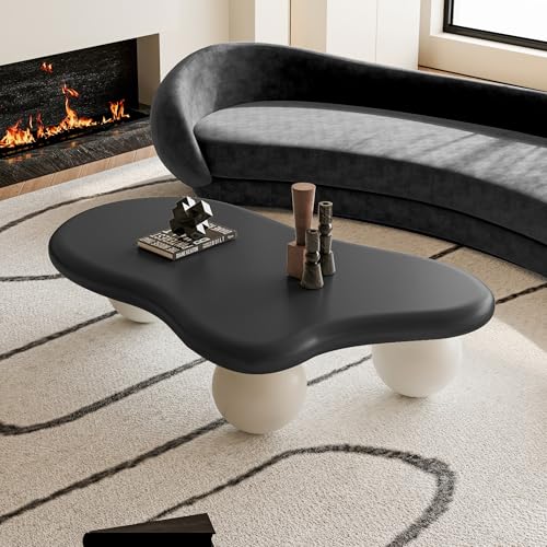 47.2" Cloud Coffee Table with 3 Ball Legs, Modern Irregular Center Table for Living Room, Low Cute Small MDF Tea Table for Bedroom, Space Apartment (Black White) - color: Cloud -47"black White