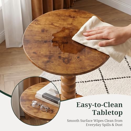 Round Side Table for Small Spaces, Modern Pedestal End Table with Solid Wood Spindle Leg, Small Drink Table Accent Nightstand for Living Room, Bedroom, Sofa Side, Apartment & Office, Brown - color: Brown