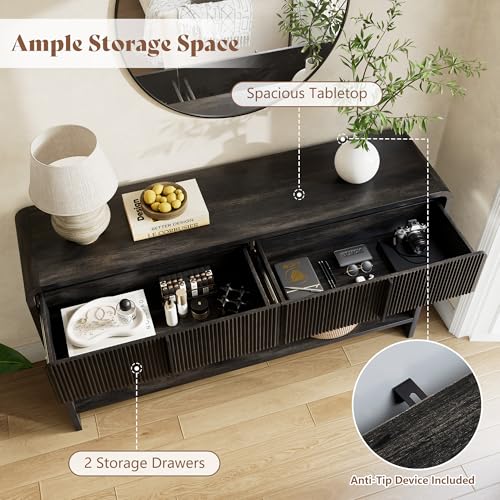 AMERLIFE 45" Fluted Entryway Console Table with 2 Drawers and Open Shelf | Modern Entryway Table with Rounded Edges, Wood Sofa Table for Hallway, Foyer, Behind Couch, Living Room, Black - color: Black - Fluted Panel, size: 45"