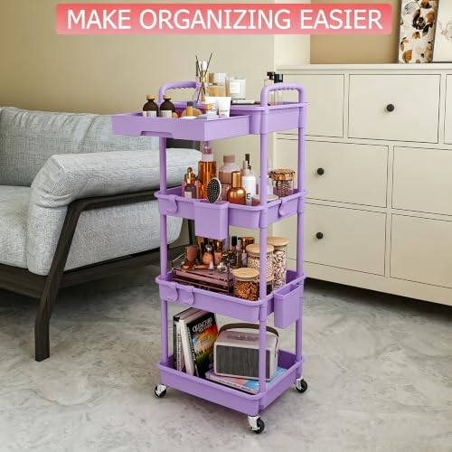 REBECAT 4 Tier Rolling Cart with Drawer, Utility Storage Cart on Wheels for Kitchen, Bathroom, Living Room,Office(Purple) - color: Purple