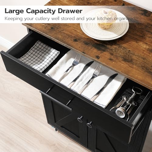 HOOBRO Kitchen Island with Power Outlet, Rolling Kitchen Island with Large Worktop, Kitchen Island Cart with Spice Rack and Drawer, Island Table for Dining Room, Rustic Brown and Black BF88UZD01 - color: Rustic Brown + Black
