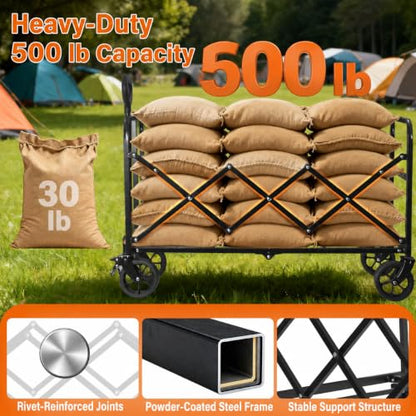 Wagons Carts Foldable, 500 lb 220L Collapsible Wagon with Brakes | Heavy folding wagon for groceries, camping, beach, outdoor hauling; large storage, brake control and compact folding design - color: Charcoal