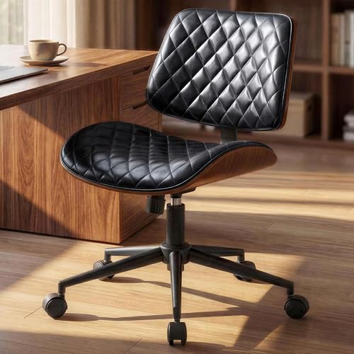 Furnimart Armless Small Desk Chair with Wheels, 360° Swivel Faux Leather Vanity Chair for Bedroom, Compact Home Office Task Chair for Small Spaces, Heavy-Duty Wood Frame(PU Black) - color: Faux Leather-black