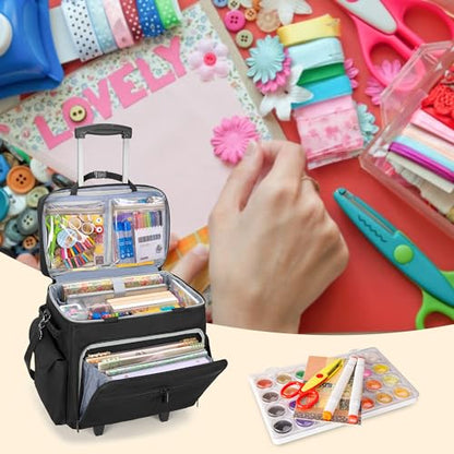 Trunab Rolling Scrapbook Tote with File Pocket & Trolley, Craft Organizer | Expandable File Pocket, Detachable Trolley, Padded Sleeves for 15.6" Laptop, Scrapbooking Supplies & Art Tools - color: Black