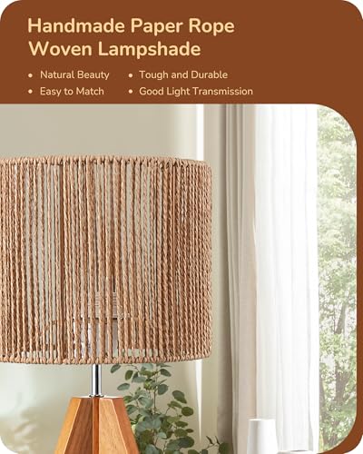 EDISHINE Small Rattan Table Lamp, Wood Tripod Bedside Lamp, Boho Nightstand Lamp for Living Room, End Table, Office, E26 Base, Natural Style - color: Rosewood Color&Vertical Stripe Shade
