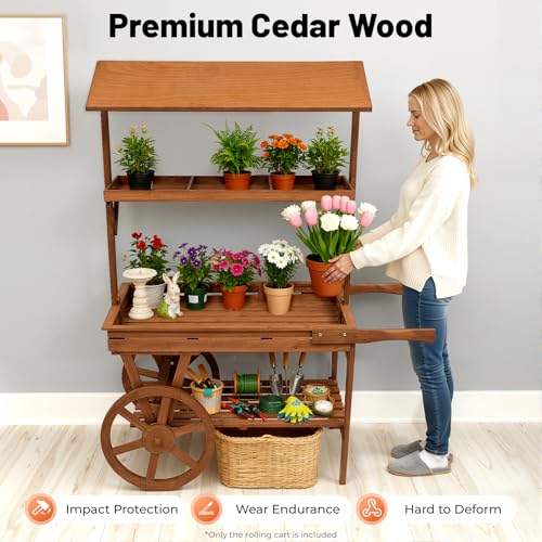 Vintage Flower Stand Cart, Vintage Wooden 3 Tier Flower Cart, Large Flower Rolling Cart for Display Candy Party Favors and Crafted Items