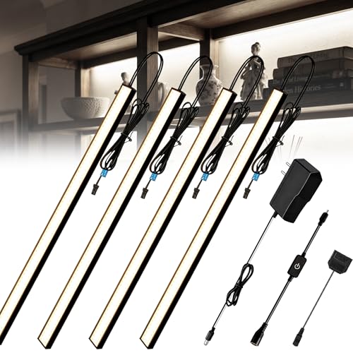 Cefrank LED Under Cabinet Lights, 4-Pack Dimmable Display Memory Bars Kit | 6000K cold white 1200LM, ultra-thin black aluminum with memory dimmer. Plug-in AC for kitchen, bookcase, glass showcases.