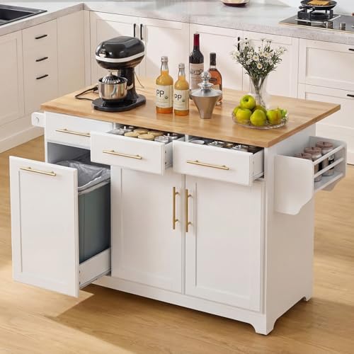 60" Kitchen Island with Trash Can Storage Cabinet and Power Outlet | Rolling Kitchen Cart on Wheels with Rubber Wood Drop Leaf Top, Spice Rack, Towel Rack and Adjustable Shelf, White - color: White