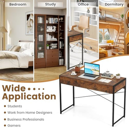 Giantex Computer Desk with 2 Drawers, 44 Inch Home Office Desk with Anti-Toppling Device & Metal Frame, Compact Laptop PC Table, Vanity Table, Modern Study Writing Desk for Small Spaces (Rustic Brown) - color: Rustic Brown