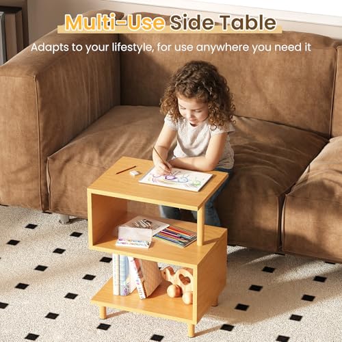 Apicizon S-Shaped Side Table, 3-Tier Nightstand with Solid Wood Legs, Slim Bedside Table with Storage Shelf, Modern End Table for Small Spaces, Bedroom, Living Room, Entryway, Natural - color: Natural
