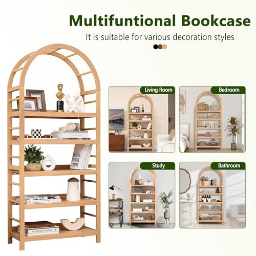 5-Tier Solid Wood Open Bookcase, Modern Arched Bookshelf, Home Office Shelf Storage Organizer, Storage Display Rack Shelf for Living Room (Natural)