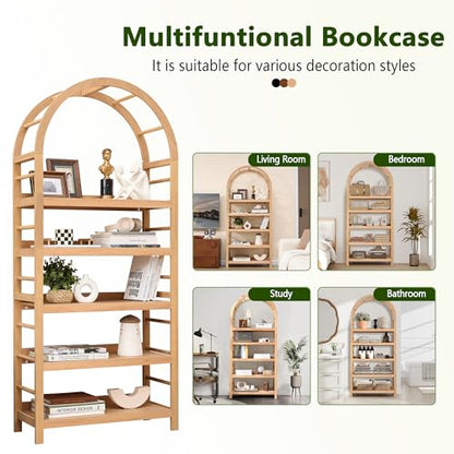 5-Tier Solid Wood Open Bookcase, Modern Arched Bookshelf, Home Office Shelf Storage Organizer, Storage Display Rack Shelf for Living Room (Natural)