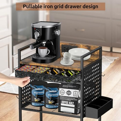 Compact Coffee Bar Cabinet with Power Outlet, Lockable Wheels, and Storage Drawer - Rustic Brown & Black for Office, Living Room, or Small Spaces