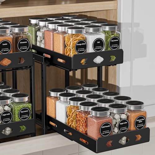 Pull Out Spice Racks for Inside Cabinets, 2 - Tier Cabinet Spice Rack Organizer, Height Adjustable Vertical Spice Rack for Cabinet, Kitchen, Pantry, Cupboard (7.5''Wx10.8''Dx9.2''H, Metal Black) - size: 7.5''Wx10.8''Dx9.2''H,2 Tier