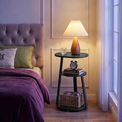 Kalrin Side Table, Small End Table with Metal Frame, 3-Tier Bedside Tables, Round Side Tables for Living Room Bedroom Couch Bathroom, Oval, Pure Black - color: Pure Black