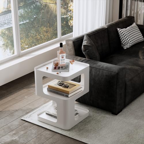 ZHBHHYZ Modern Side Table, White End Table, Unique Nightstand, Bedside Table, Metal 3-Tier Night Stand with Storage, Accent Side Table for Couch, Bedroom, Living Room, No Assembly Required - color: White