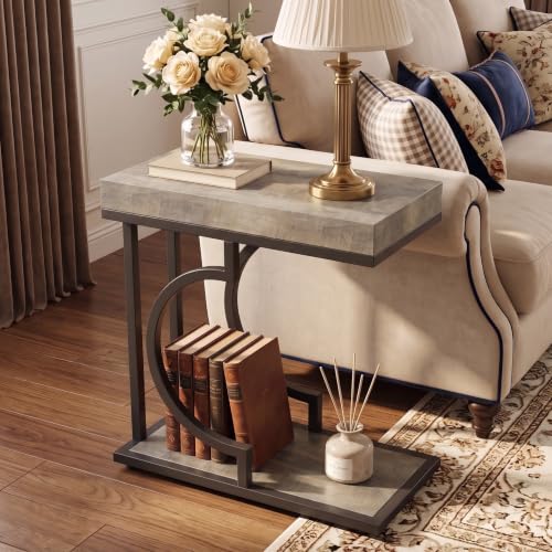 Tribesigns C Shaped Modern End Table for Coach with Metal Frame | Wood Grain, Small Side Table for Living Room, Nightstand for Bedroom, Gray&Black - color: Gray&black