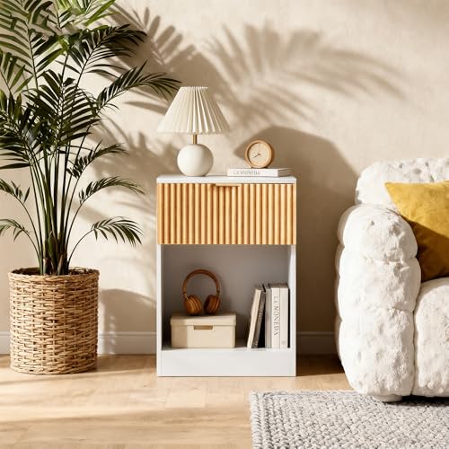 ZIFTY Farmhouse Fluted Nightstand with Drawer and Storage Shelf, Modern White Bedside Table, Boho Wooden End Table for Bedroom Living Room Office, Minimalist Night Stand
