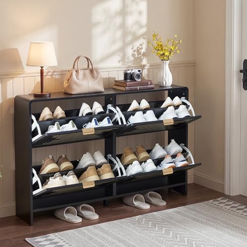 47.2'' Shoe Storage Cabinet for Entryway, Narrow Shoe Rack Organizer with 4 Flip Drawers, Freestanding Wood Hidden Shoe Cabinet with Adjustable Shelf for Hallway, Living Room (Black, 47.24'')