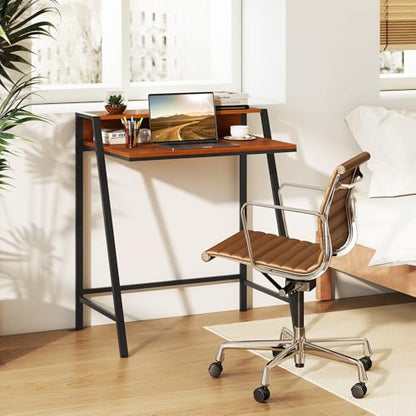 Giantex Small Computer Desk, 31.5" Compact Home Office Desk with Monitor Stand & Sturdy Frame, 2-Tier Space-Saving Study Writing Desk for Small Spaces, Apartment and Bedroom (Walnut) - color: Walnut