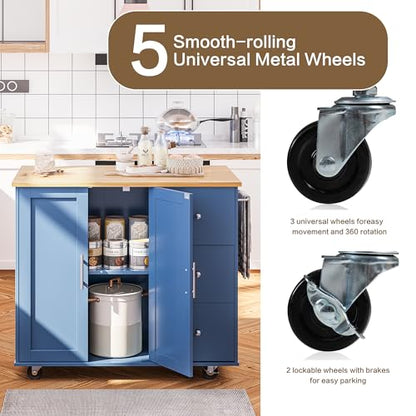 SUNLEI Kitchen Island on Wheels with Storage Cabinet & Foldable Drop Leaf, Rolling Kitchen Table, Cart Handle for Towel Rack, Drop Leaf, Portable Islands for Kitchen (Classic Blue, 39.7-INCH) - size: 39.7 INCH, style: Blue