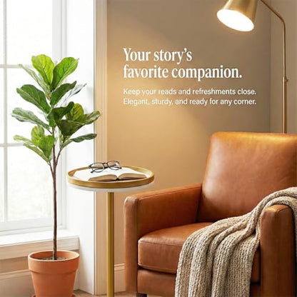 Martini Table, Small Round Drink Table with Weighted Base,Modern White & Gold Pedestal End Table with Tray Top Edge for Small Spaces, Living Room, Next to Sofa,24.7 "Tall - color: White + Gold