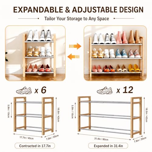 Shoe Rack Wooden, Oak Expandable Shoe Organizer, 3-Tier Stainless Steel Shoe Shelf, 17.7“-31.4” Shoe Storage 6-12 Pairs, for Closet, Garage, Narrow Spaces, Entryway, Door Entrance