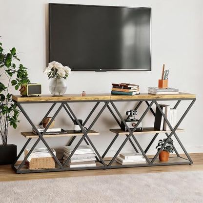 Garvee 3 Tier Console Table,39" Industrial Entryway Table,Open Wood Shelves | Sofa Table,Narrow Wood Accent Tables with Metal Frame for Hallway,Living Room,Behind Couch,Foyer,Entrance,Rustic Brown - color: Rustic Brown + X-shaped