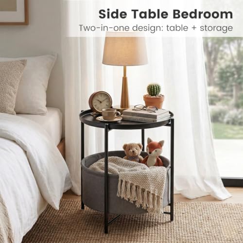 danpinera Black Small Round Side Table with Storage Basket, Removable Tray | Metal Bedside Table for Small Space, Living Room, Nursery, Metal Accent Stand with Removable Tray, Coffee Nightstand, Black - color: Ink Black