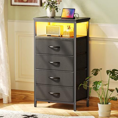 Huuger Night Stand with Charger Station and LED Lights, 4 Drawer Nightstand, Bed Side Table with Open Shelf, End Table, Fabric Dresser for Bedroom, Black - color: Black, size: 11.8"D x 15.7"W x 33.9"H（4 Drawers）