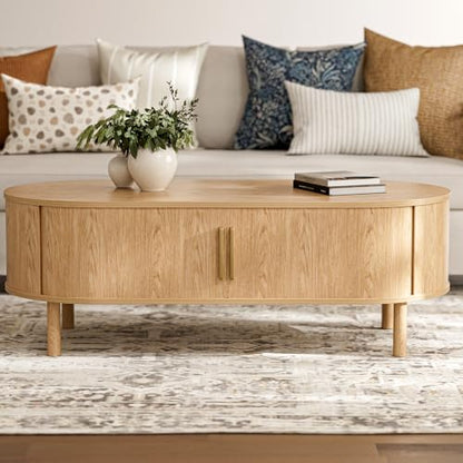 ZttRiee Oval Coffee Table with Sliding Doors, Modern, Natural | 47.24"L x 21.65"W x 16.14"H, 200 lbs capacity, 2 front & back storage areas, ~60 min assembly - color: Oak_lsj032-n