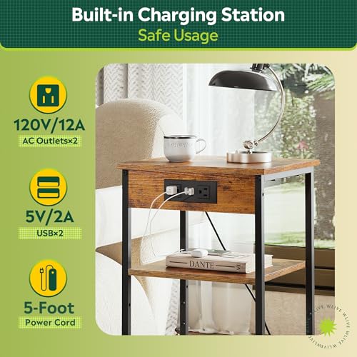 WLIVE End Table with Charging Station, Small Night Stand Rustic Brown | Side Tables with Storage Adjustable Shelf for Small Spaces; Bedside Tables for Living Room, Bedroom - color: Rustic Brown