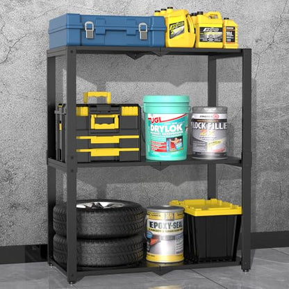 Hastatii 3-Shelf Storage Shelving Unit Metal Rack Heavy-Duty 28"x13.5"x33.5" for Garage, Kitchen and Bedroom Layers Increased Black