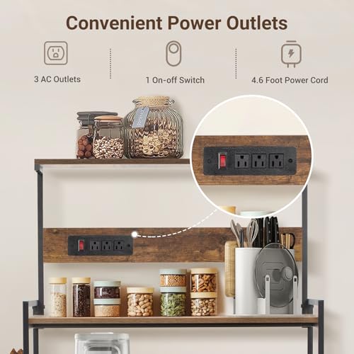 4-Tier Kitchen Baker's Rack with Power Outlet, Microwave Stand and Storage Shelves, Coffee Station Organizer (Rustic Brown) - color: Brown