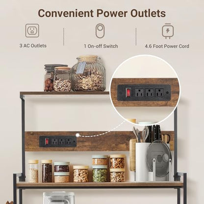 4-Tier Kitchen Baker's Rack with Power Outlet, Microwave Stand and Storage Shelves, Coffee Station Organizer (Rustic Brown) - color: Brown