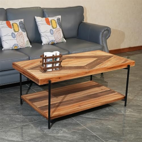 CONSDAN StoneCreek Coffee Table, Solid Fir Wood & Metal Frame, 2-Tier Industrial Farmhouse Table for Living Room/Office, 44" Rectangular Table - color: Coffee Table