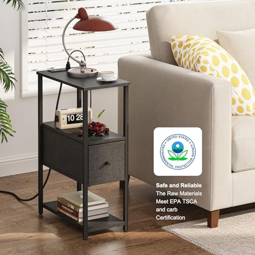 TUTOTAK Small Narrow End Table with Charging Station, Set of 2, Side Table with Outlets, Nightstand with Cloth Drawer, Couch Table, for Living Room, Bedroom, Bedside, Black TB01BK058 - color: Black, style: 1 Drawer & Plug