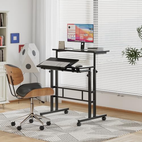 VECELO Mobile Small Standing Desk Adjustable Height, Computer Workstations with Tiltable Tabletop, Lockable Wheels, Portable Rolling Laptop Desk for Home Office, Black - color: Black